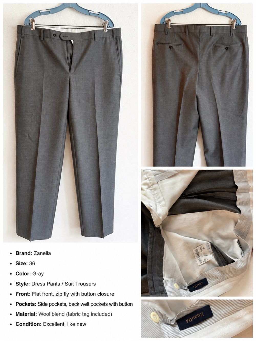 Zanella Gray Men's Dress Pants - Classic Flat Front Trousers